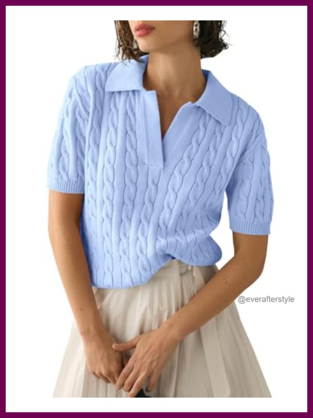 Womens Cable Knit Short Sleeve Sweater V Neck Lapel Pullover Soft Summer Top
